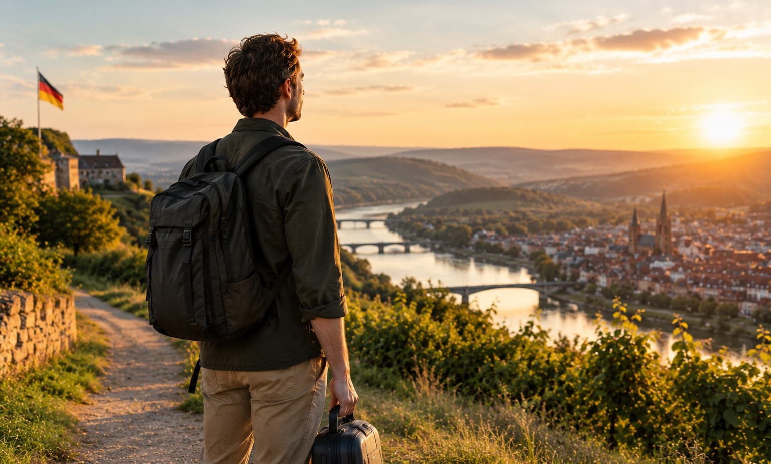 Ein Mann mit Rucksack und Koffer blickt bei Sonnenuntergang über ein deutsches Flusstal, im Hintergrund eine Burg mit Deutschlandfahne.