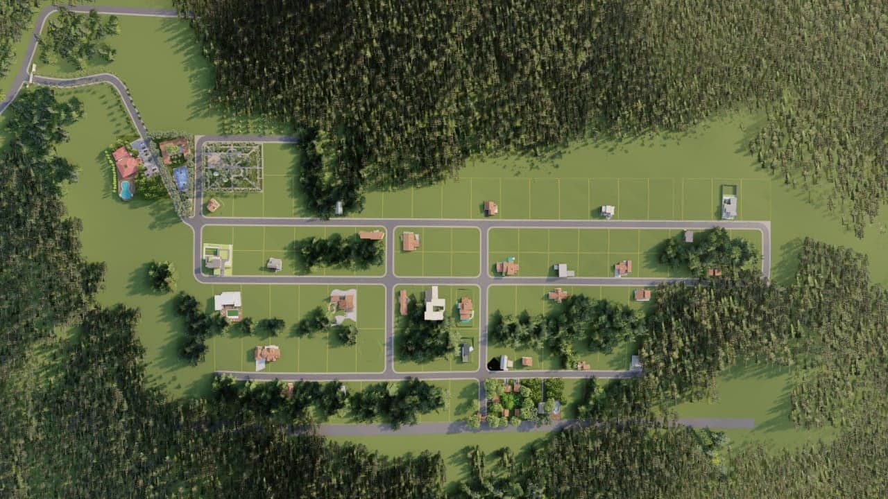 Lageplan des Wohnparks von oben: Erschließungsstraßen, einzeln abgegrenzte Parzellen, ein Gemeinschaftsbereich mit Pool und Clubhaus, umgeben von Waldflächen.