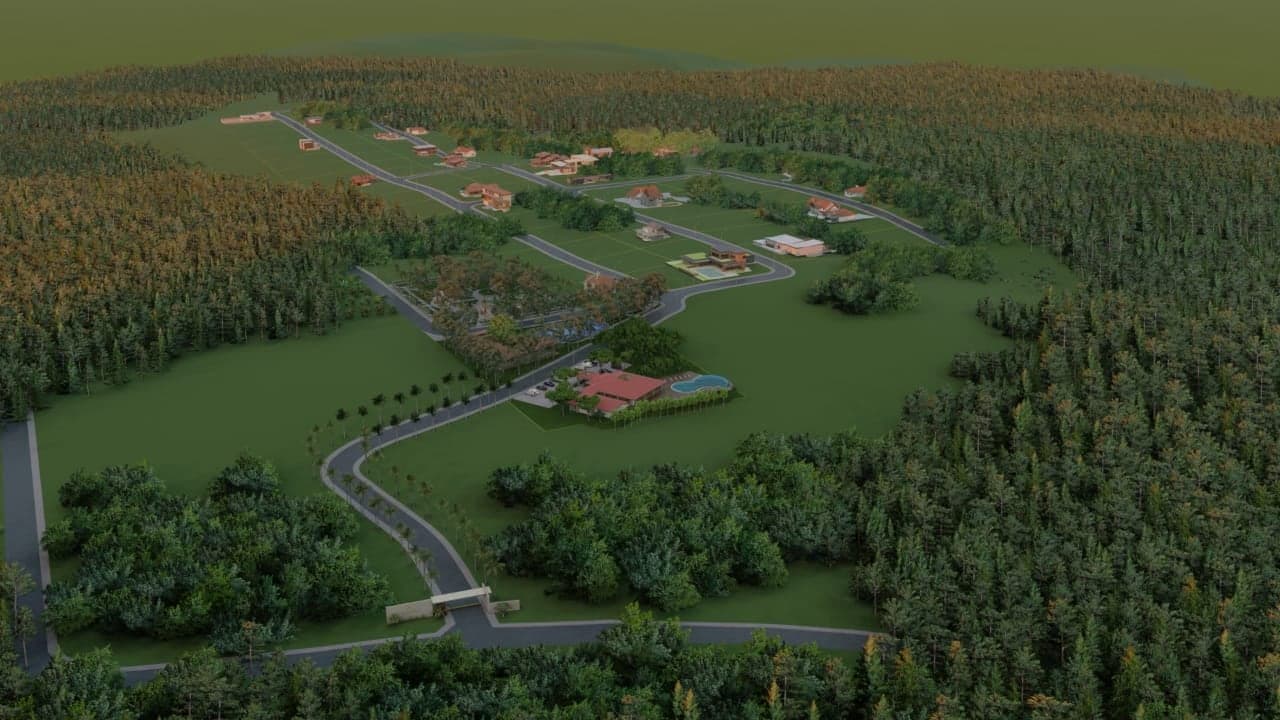 Visualisierung des geplanten Wohnparks aus der Vogelperspektive: Erschließungsstraßen, einzelne Parzellen mit Häusern und ein Gemeinschaftsbereich mit Pool, umgeben von Wald.